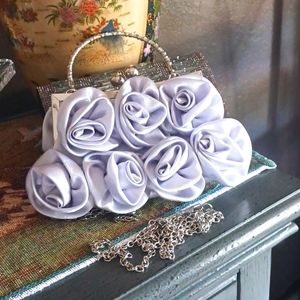 Satin Rose evening Bag Silver
